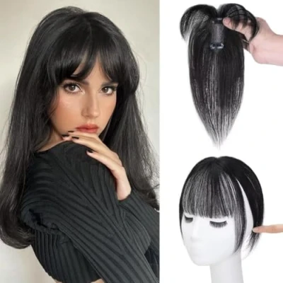 Image of Clip in Bangs, Fringe Human Hair, Real Hair Extensions, on Air Bangs for Women Hairpieces Curved Daily Wear, B, natural black