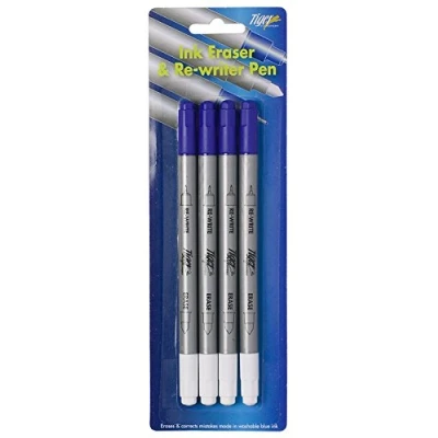 Image of Tiger washable blue ink eraser and permanent re writer pack of 4 pens