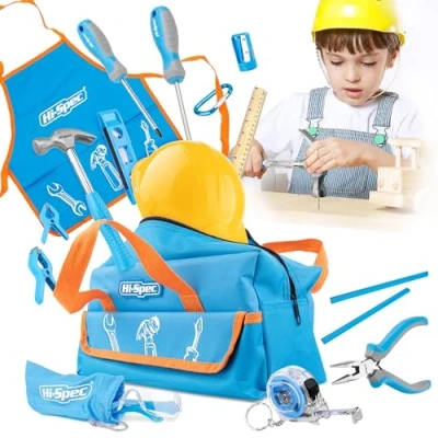 Image of Hi Spec 18pc Blue Kids Tool Kit Set with Children&#039;s Bag Real Metal Educational Construction Tools for Boys &amp; Girls. Includes Costume Work Apron Play Hat