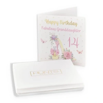 Image of Hunts England Luxury Boxed 14th Granddaughter High Heel And Perfume Birthday Card Gold Foil Milo&#039;s Age 14 Pretty For Fourteen In Keepsake Box