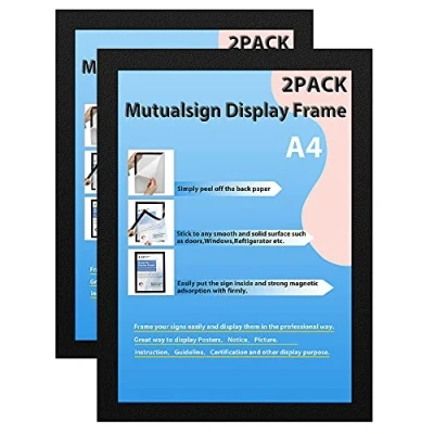 Image of Mutualsign A4 Magnetic Frames，2PCS Self Adhesive Frame, Window/Wall Display Holder for Ads,Notices,License.(2Pack,Black)