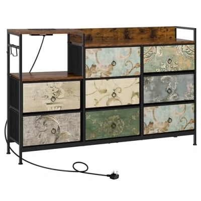 Image of WOLTU Chest of 8 Drawers, Drawers Dresser with Charging Station, Fabric Drawer Unit for Bedroom, Playroom, Closet, Living Room, Rustic Brown+Black+Retro Flower Pattern, Metal Frame, E1 Engineered Wood