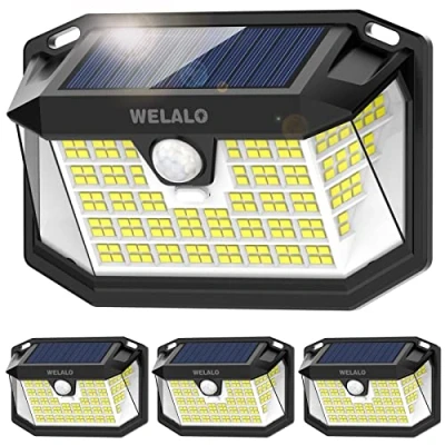 Image of WELALO Solar Security Lights, 188 LED Motion Sensor IP65 Waterproof Lights Outdoor Garden, 3 Modes PIR Powered Wall for Outside Garden Fence Door Yard (4 Pack)