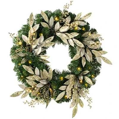 Image of WeRChristmas Pre Lit Decorated Christmas Wreath with 35 Warm White LED Lights, Champagne, 60 cm
