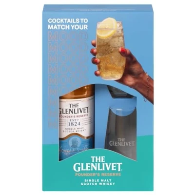 Image of The Glenlivet Founder&#039;s Reserve Single Malt Scotch Whisky Giftbox and 2 Glasses Double Matured in Oak Casks 40% ABV 70CL Original Speyside Sweet Fruity Scottish