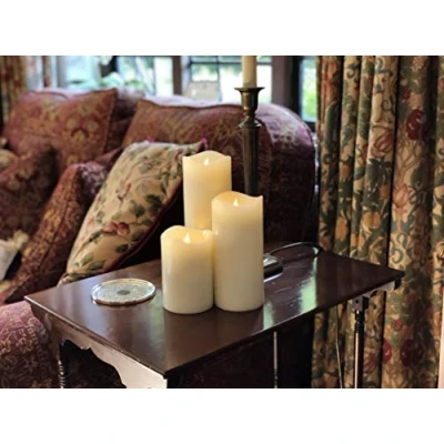 Image of Smart Flame 360 Moving LED Pillar Candles Real Ivory Wax Set of 3 &amp; Free Remote