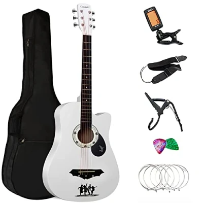 Image of 4/4 Size 38&quot; Classic 6 Strings Acoustic Guitar Full Package Pack with Accessories (White)