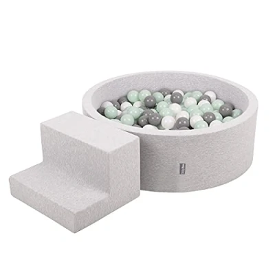 Image of KiddyMoon Foam Playground For Kids With Round Ballpit (100 Balls) Obstacle Course, Lightgrey:White/Grey/Mint