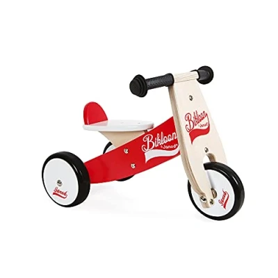 Image of Janod Little Bikloon Wooden Ride On Balance Bike 3 Wheels Learning and Autonomy Red White from 1 Year Old, J03261