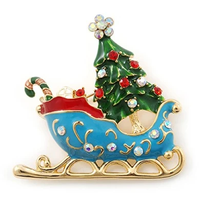Image of Avalaya Gold Plated Multicolored Enamel, Crystal Christmas Sleigh Brooch 53mm Length