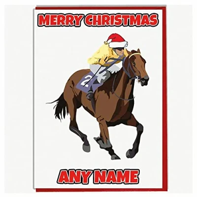 Image of AK Giftshop Personalised Race Horse Rider Jockey Themed Christmas Card