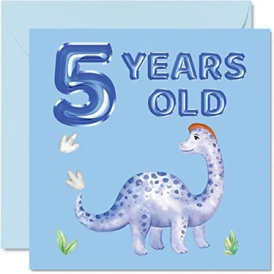 Image of 5th Birthday Card Dinosaur &amp; Balloons Happy 5 Year Old Boy, Boys Cards for Him, 145mm x Greeting Son Nephew Grandson Kid Children