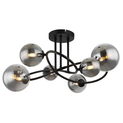 Image of Riha Multi Arm Semi Flush Ceiling Lamp Matt Black Smoke Glass Shade 6x G9 3000K