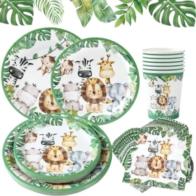 Image of Green Paper Plates And Napkins Set 96pcs Safari Party Cups Napkins, Tableware,Disposable Plate Cutlery For Jungle Theme Decoration Baby Shower Wild One Birthday Supplies