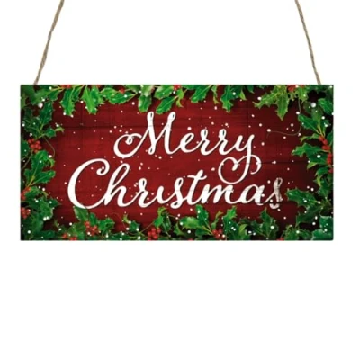 Image of Second Ave Merry Christmas Holly Berries Xmas Wooden Hanging Decoration Festive Home Sign Plaque