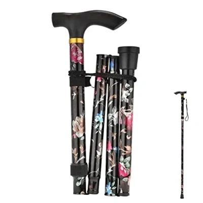Image of Folding Walking Sticks for Women, Black Floral Lightweight Stick Disabled Easy Ladies Adjustable