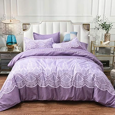 Image of Loussiesd European Duvet Cover Set King Size for Women Embroidered Lace Bedding Purple Decorative Microfiber Polyester Comforter with 2 Pillow Shams, Zipper, Gorgeous Chic 3 Piece