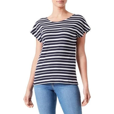 Image of ONLY Women&#039;s Onlmay Life S/S Open Back Top Box JRS T Shirt, Night Sky/Stripes: Cloud Dancer (Ella), S