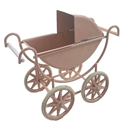 Image of Melody Jane Dolls House Pink Baby Pram Metal Old Fashioned Nursery Furniture1:12 Scale