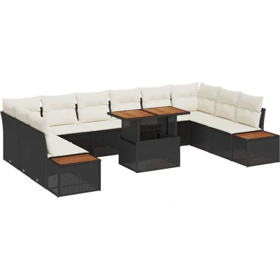 Image of vidaXL 11 Piece Garden Dining Set with Cushions Black Poly Rattan Acacia