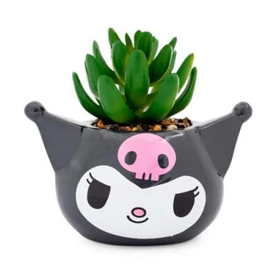 Image of Toynk Sanrio Kuromi Smiling Head 3 Inch Ceramic Mini Planter With Artificial Succulent
