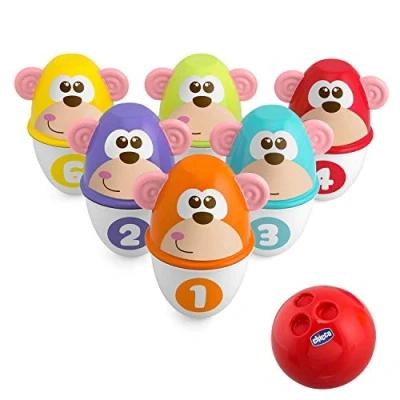 Image of Chicco Monkey Strike Kids Bowling Pin Set Skittles Game for with 6 Separable Pins, Stackable in 12 Pieces, Light Ball Included Toys, Gifts Children 18 Months to 8 Years
