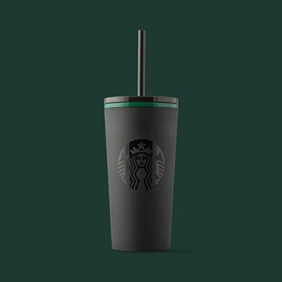 Image of STARBUCKS Tumbler Cold Cup with Straw, Matte Black Green Rim, 12 fl oz