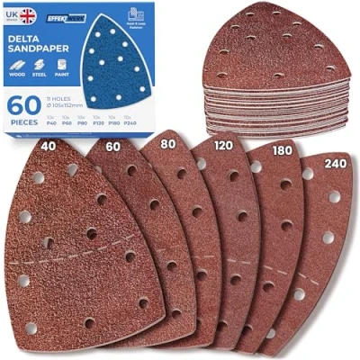 Image of Effektwerk Delta Sandpapers (60 Pack, 11 Holes), 105 x 152 mm Triangular Sanding Pads for Mouse Sanders, Self Adhesive w/Hook &amp; Loop Closure, Fine Coarse w/ 40, 60, 80, 120, 180, 240 Grits