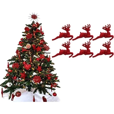 Image of UKDeals Direct® RED COLLECTION CHRISTMAS DROPLET BAUBLES TREE DECORATIONS GLITTER MATT ICICLES (Pack of 6 Reindeer)