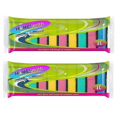 Image of HOMESmith Dual Sided Dish Washing &amp; Cleaning Sponges Absorbent, Non Scratch, Reusable Scourers 2 x 10 Packs, Foam, Mix Colours