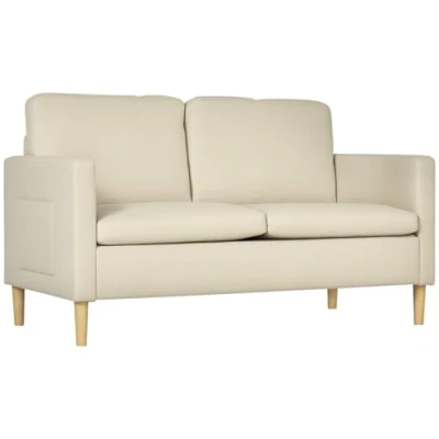Image of HOMCOM Two Seater Sofa for Living Room, Modern Fabric Couch with Wood Legs and 2 Pockets Bedroom Home Office, Beige