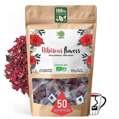 Image of ORIGEENS 50 Hibiscus Tea Bags Organic Flower for Infusions, Iced Tea, Karkade Dried Flowers, Draining Detox