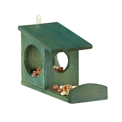 Image of Relaxdays Squirrel Feeder House, Feeding Station Box, Hanging, Wooden, HWD: 17.5 x 14 25 cm, Dark Green, Wood, 17.5x12x25 cm