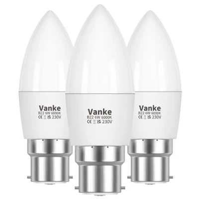 Image of Vanke Bayonet Candle Light Bulb 40w Equivalent, B22 LED Bulbs Cool White 6000K, 6w Energy Saver Bulb, 470 Lumen, Non Dimmable, 3 Pack