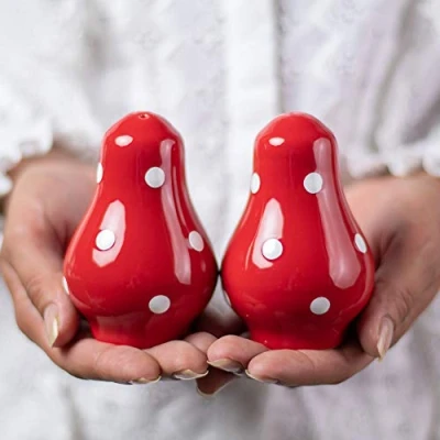 Image of City to Cottage Ceramic Salt and Pepper Shakers Set, Shaker, Farmhouse Kitchen Counter Decor for Home Restaurants Wedding, Handcrafted Red Polka Dot Spice