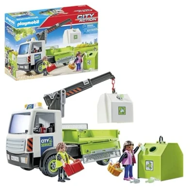 Image of Playmobil 71431 city Action glass Recycling Truck with Container, cleaning driver, numerous bottles, fold up loading area, fun imaginative role play, playsets suitable for children ages 4+