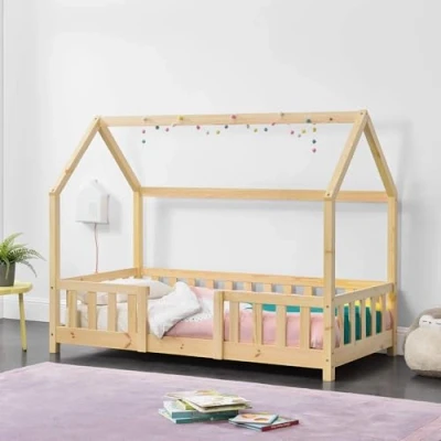Image of [en.casa] Children&#039;s bed Sisimiut house 70 x 140 cm with fall out protection wooden for children floor slatted frame pine wood colours