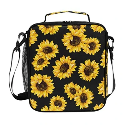 Image of Girls Black Sunflower Lunch Bags Large Insulated Box Tote Bag Cold Thermal Freezable Shoulder Strap for Kids Teen Women School Work