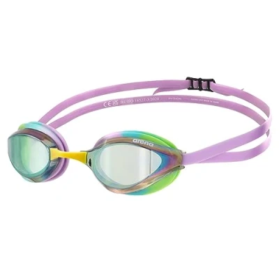 Image of ARENA Unisex Adults Python Racing Swim Goggles for Men and Women Anti Fog Mirror Lens Max Comfort Dual Strap, Green/Violet/Green