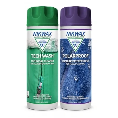 Image of Nikwax TECH Wash 300ML &amp; POLAR PROOF Twin Pack Clean/Proof Value Pack. Technical Cleaner For Waterproof Clothing and in Waterproofer Fleece Clothing. Prolong The Life Of Your Gear
