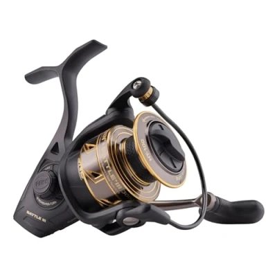 Image of PENN Battle III Spinning, Fishing Reel, Spinning Reels, Sea Inshore Fishing, Rugged, Saltwater Spin Reel for Lure and Bait Bass, Pollack, Cod, Mackerel, Wrasse, Unisex, Black Gold, 3000