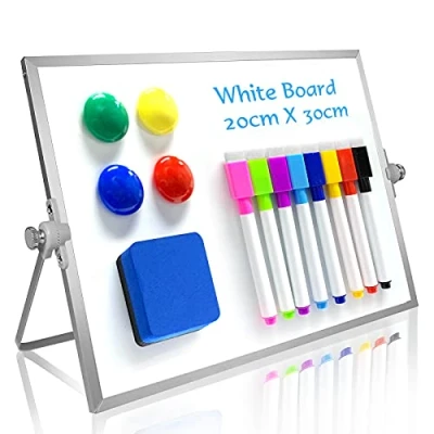 Image of OWill Dry Erase Whiteboard, 20 X 30 cm Small Whiteboard with Stand, Mini A4 Magnetic Desktop Board &amp; Portable Double Sided White Easel for Drawing in School Home