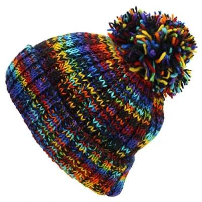 Image of LOUDelephant Hand Knitted Wool Beanie Bobble Hat SD Black Rainbow