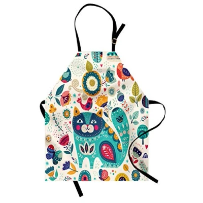Image of ABAKUHAUS Animal Apron, Cat with Birds, Unisex Kitchen Bib Apron Adjustable Neck for Cooking Baking Gardening, Teal Beige