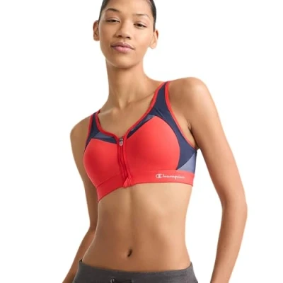 Image of Champion Women&#039;s Motion Control Zip Sports Bra, Red Flame, 38DD