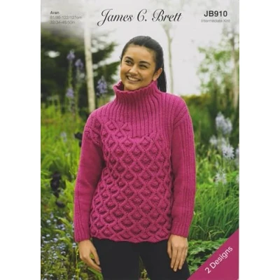 Image of James Brett Aran Knitting Pattern Ladies Slash or Funnel Neck Sweater Jumper (JB910)