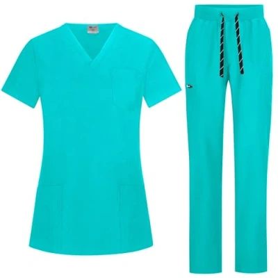 Image of B well BELLA Scrubs Uniforms Women Set Scrub Top + Pants Medical &amp; Uniform with Spandex, teal, S