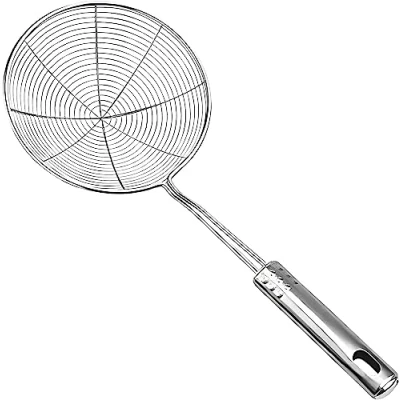 Image of Strainer Skimmer Ladle Stainless Steel Wire Spoon, Ergonomic Handle and Spider Mesh Filter with for Kitchen Frying Food, Pasta, Spaghetti, Noodl (12cm)