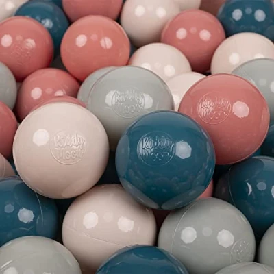 Image of KiddyMoon Soft Plastic Play Balls 100 Balls/7Cm 2.75In Multi Colour Made In EU, Dark Turquoise/Pastel Beige/Greengrey/Salmon Pink