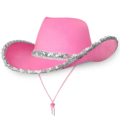 Image of Cowboy Hats Unisex Felt Western Pink with Silver Sequins Texas Texan Costume Accessories for Men, Women, Adults Wild West Fancy Dress Party
